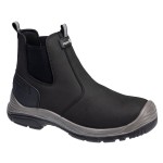 A black composite safety boot with an anti-slip sole and padded collar, designed for comfort and protection during extended site work.