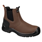 A brown composite safety boot with an anti-slip sole and padded collar, designed for comfort and protection during extended site work.