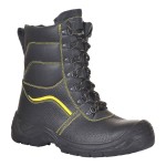 A black leather safety boot with an anti-slip sole and padded collar, designed for comfort and protection during extended site work.