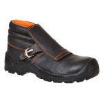 A black leather safety boot with a composite toecap and anti-slip sole, providing lightweight safety protection for site and industrial use.