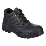A black leather safety boot with an anti-slip sole and padded collar, designed for comfort and protection during extended site work.
