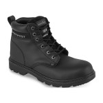 A black leather safety boot with an anti-slip sole and padded collar, designed for comfort and protection during extended site work.