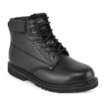 A black leather safety boot with an anti-slip sole and padded collar, designed for comfort and protection during extended site work.