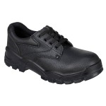A black safety trainer with a composite toecap, a cushioned insole, and a lightweight anti-slip sole, suitable for lighter-duty site work.