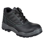 A black leather safety boot with an anti-slip sole and padded collar, designed for comfort and protection during extended site work.