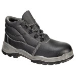 A black composite safety boot with an anti-slip sole and padded collar, designed for comfort and protection during extended site work.