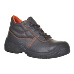 A black composite safety boot with an anti-slip sole and padded collar, designed for comfort and protection during extended site work.