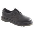A black safety trainer with a composite toecap, a cushioned insole, and a lightweight anti-slip sole, suitable for lighter-duty site work.
