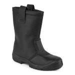 A black leather safety boot with an anti-slip sole and padded collar, designed for comfort and protection during extended site work.