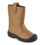 A tan leather safety boot with an anti-slip sole and padded collar, designed for comfort and protection during extended site work.