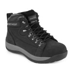A black composite safety boot with an anti-slip sole and padded collar, designed for comfort and protection during extended site work.