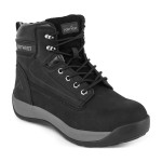 A black leather safety boot with an anti-slip sole and padded collar, designed for comfort and protection during extended site work.