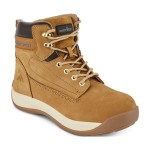 A leather safety boot with an anti-slip sole and padded collar, designed for comfort and protection during extended site work.
