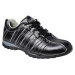 A black safety trainer with a composite toecap, a cushioned insole, and a lightweight anti-slip sole, suitable for lighter-duty site work.