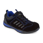 A blue safety trainer with a composite toecap, a cushioned insole, and a lightweight anti-slip sole, suitable for lighter-duty site work.