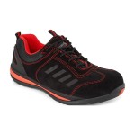 A red safety trainer with a composite toecap, a cushioned insole, and a lightweight anti-slip sole, suitable for lighter-duty site work.