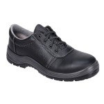 A black safety trainer with a composite toecap, a cushioned insole, and a lightweight anti-slip sole, suitable for lighter-duty site work.
