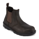 A brown composite safety boot with an anti-slip sole and padded collar, designed for comfort and protection during extended site work.