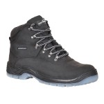 A black composite safety boot with an anti-slip sole and padded collar, designed for comfort and protection during extended site work.