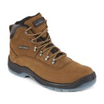 A brown composite safety boot with an anti-slip sole and padded collar, designed for comfort and protection during extended site work.