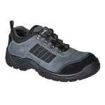 A black safety trainer with a composite toecap, a cushioned insole, and a lightweight anti-slip sole, suitable for lighter-duty site work.