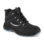 A black leather safety boot with an anti-slip sole and padded collar, designed for comfort and protection during extended site work.