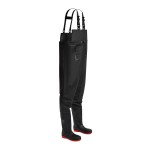 A black workwear garment designed for use on construction sites and in industrial work environments.,