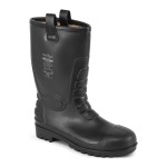 A black composite safety boot with an anti-slip sole and padded collar, designed for comfort and protection during extended site work.