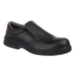 A black safety trainer with a composite toecap, a cushioned insole, and a lightweight anti-slip sole, suitable for lighter-duty site work.