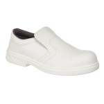 A white safety trainer with a composite toecap, a cushioned insole, and a lightweight anti-slip sole, suitable for lighter-duty site work.