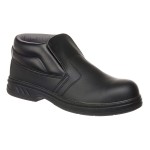 A black composite safety boot with an anti-slip sole and padded collar, designed for comfort and protection during extended site work.