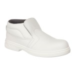 A white composite safety boot with an anti-slip sole and padded collar, designed for comfort and protection during extended site work.