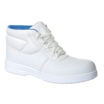 A white composite safety boot with an anti-slip sole and padded collar, designed for comfort and protection during extended site work.