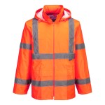 A high-visibility orange waterproof jacket featuring retroreflective tape panels, suitable for a wide range of outdoor and site work applications.