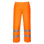 A pair of high-visibility orange trousers featuring retroreflective tape panels, suitable for a wide range of outdoor and site work applications.