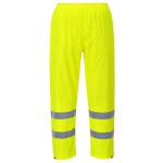 A pair of high-visibility yellow trousers featuring retroreflective tape panels, suitable for a wide range of outdoor and site work applications.