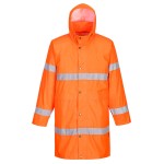 A high-visibility orange waterproof jacket featuring retroreflective tape panels, suitable for a wide range of outdoor and site work applications.