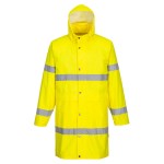 A high-visibility yellow waterproof jacket featuring retroreflective tape panels, suitable for a wide range of outdoor and site work applications.