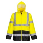 A high-visibility yellow waterproof jacket featuring retroreflective tape panels, suitable for a wide range of outdoor and site work applications.