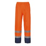 A pair of high-visibility orange trousers featuring retroreflective tape panels, suitable for a wide range of outdoor and site work applications.