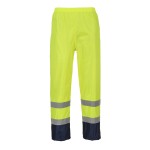 A pair of high-visibility yellow trousers featuring retroreflective tape panels, suitable for a wide range of outdoor and site work applications.