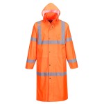 A high-visibility orange waterproof jacket featuring retroreflective tape panels, suitable for a wide range of outdoor and site work applications.
