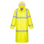 A high-visibility yellow waterproof jacket featuring retroreflective tape panels, suitable for a wide range of outdoor and site work applications.