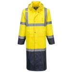 A high-visibility yellow waterproof jacket featuring retroreflective tape panels, suitable for a wide range of outdoor and site work applications.