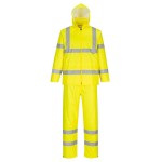 A high-visibility yellow workwear garment featuring retroreflective tape panels, suitable for a wide range of outdoor and site work applications.