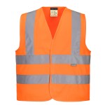 A children's high-visibility orange vest featuring retroreflective tape panels, suitable for a wide range of outdoor and site work applications.