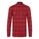 A red work shirt designed for use on construction sites and in industrial work environments.,