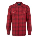 A red work shirt designed for use on construction sites and in industrial work environments.,