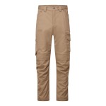 A pair of brown work trousers designed for use on construction sites and in industrial work environments.,