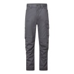 A pair of grey work trousers designed for use on construction sites and in industrial work environments.,